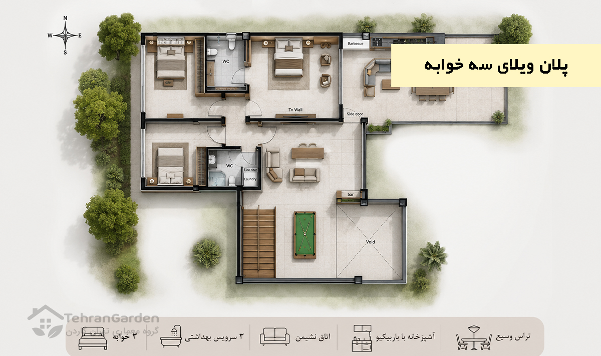 پلان ویلای سه خوابه
